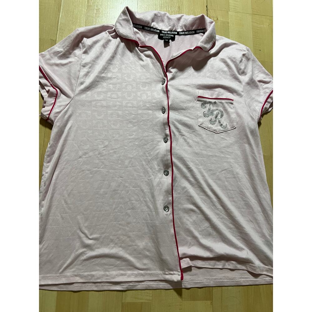 True Religion Women Pajama Top Size L Pink Short Sleeve Button Down Sleepwear - Picture 5 of 8